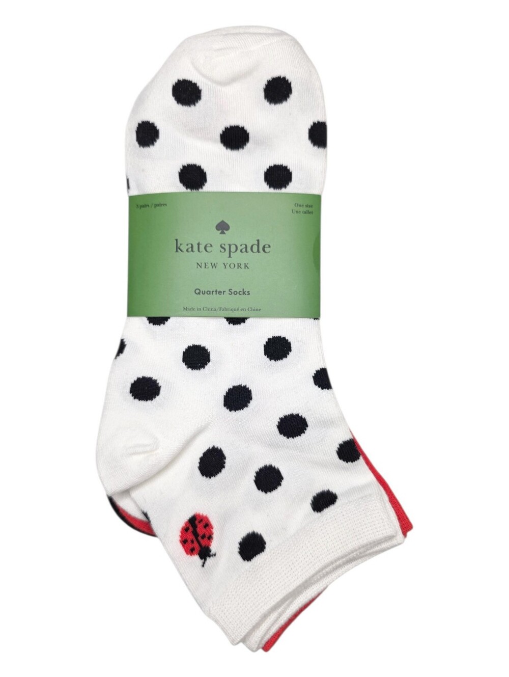 Kate Spade New York Quarter Socks 3 Pair Polka Dot Ladybug Red & Black One Size